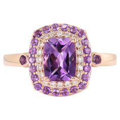 Presented A stunning variety of amethyst gemstones for those who respect quality and wish to wear them on any occasion or everyday basis. The rose gold amethyst fancy ring, embellished with diamonds, has a timeless and exquisite appeal. Amethyst Fancy Ring in 14Karat Rose Gold with White Diamond. Amethyst: 1.31 carat, 8X6mm size, cushion shape. Amethyst: 0.05 carat, 2.00mm size, round shape. Amethyst: 0.27 carat, 1.50mm size, round shape. White Diamond: 0.14 carat, 1.20mm size, round shape, G color, VS clarity. Gold: 3.92g, 14Karat Rose Gold. R1706