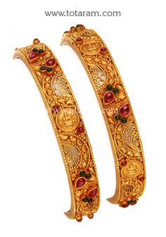 22 Karat Fine Gold 'Lakshmi Kasu' Bangles with Beads - Set of 2 (1 Pair)(Temple Jewellery)
    - 235-GBL1108 - in 44.250 Grams for USD $3642.99. 
Made in India by Totaram Jewelers Online this product is in Gold - 22 Karat BIS Hallmark 916 KDM Gold  & is an excellent gift for Adult - Women. Ships fully insured with secured guaranteed delivery for free with your order over $250 from New Jersey USA & comes with 30 days exchange policy. Kasu Bangles, Emerald Bangles, Bangles Diamond, 22 Karat Gold Jewelry, 22k Gold Bangles, Indian Gold Jewelry, Gold Bangles Indian, Ruby Bangles, Gold Bangles For Women