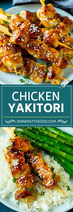 chicken yakitorii with rice and asparagus on a white plate in the foreground