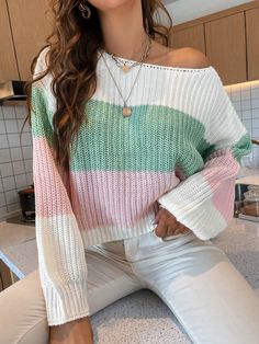 Multicolor Casual  Long Sleeve Polyester Striped Pullovers  Medium Stretch Spring/Fall Women Knitwear Drop Shoulder Sweater, Shein Outfits, Women Sweaters, Drop Shoulder Sweaters, Shoulder Sweater, Spring And Fall, Drop Shoulder, Knitwear