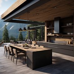 an outdoor dining area with table, chairs and mountains in the backgroung