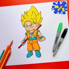 a drawing of gohan holding a baseball bat on top of a sheet of paper