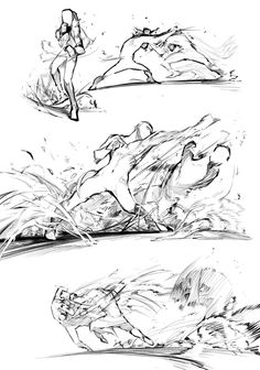 three different sketches of horses running in the grass