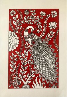 a red and white paper with a bird on it