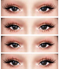 four different views of the same woman's eyes with long lashes and false eyelashes