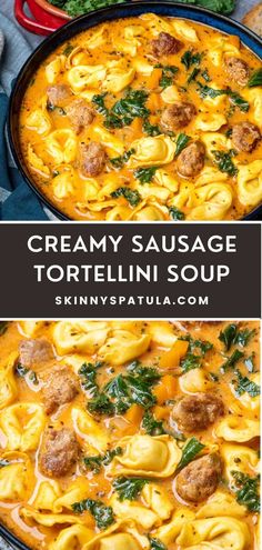 creamy sausage tortellini soup in a skillet