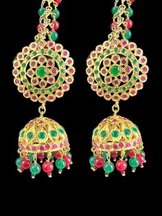 gold plated earrings color of stone - green and ruby pink type of stone - cz Polki pearls / beads - quartz beads plating - gold plated length in inches - 2.8 inches width in inches - 1 inches Ear post - straight Festive Stone Work Beaded Earrings, Multicolor Gold Plated Earrings For Diwali, Multicolor Gold-plated Earrings For Diwali, Festive Temple Jewelry Earrings With Round Beads, Festive Green Round Bead Earrings, Gold Kundan Round Bead Earrings, Gold Bollywood Earrings With Round Beads, Gold Bridal Earrings With Gemstones For Festivals, Festive Gold Danglers With Gemstone