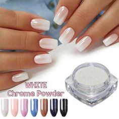 White Chrome Powder, White Chrome Nails, Unghie Nail Art, Glitter Manicure, Chrome Nail Powder, Magic Nails, Mirror Nails, White Chrome, Chrome Powder