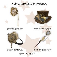 several steampunk items are shown on a white background with stars in the background