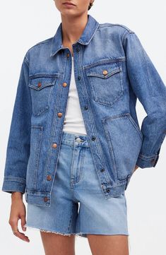 Madewell Oversize Trucker Jean Jacket | Nordstrom Denim Trucker Jacket Outfit, Jacket With Cargo Pants, Trucker Jacket Outfit, Chunky Loafers Outfit, Madewell Denim Jacket, Canadian Tuxedo, Loafers Outfit, Denim Trucker Jacket, Sequin Mini Skirts