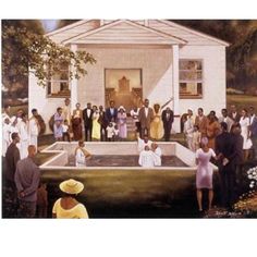 a painting of people standing in front of a white house with a pool and fountain