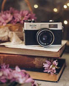 an old camera sitting on top of two books with pink flowers in the foreground