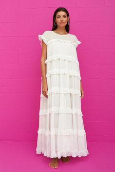 Cotton Tiered Ruffle Maxi Bohemian Tiered Dress With Ruffles, White Tiered Dress With Ruffles, White Tiered Ruffle Maxi Dress, White Tiered Ruffle Dress, White Tiered Maxi Dress With Ruffles, Tiered Ruffle Dress With Ruffled Skirt For Daywear, Tiered Ruffle Midi Dress For Daywear, Ruffled Tiered Dress For Daywear, White Ruffled Maxi Length Tiered Dress