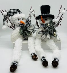 two snowmen sitting next to each other with pine cones on their legs and one wearing a top hat