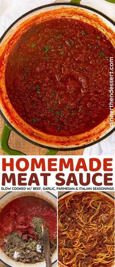 homemade meat sauce in a large pot with the title above it that says homemade meat sauce