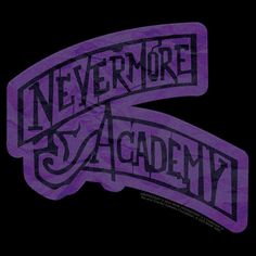 two purple stickers with the words nevermore academy in black ink on a dark background