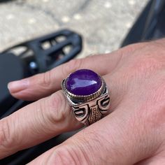 Men Jade Stone Ring , Purple Jade Stone Ring , Greek Style Ring , Natural Stone Ring , 925k Sterling Silver Ring , Gift For Him ★Item Details * Gender : Male / Female * Material : 925K Sterling Silver * Total weight : 20 Grams * Gemstone : Jade Stone ✔ Ready to Ship in 1-2 Business Days .. ✔ Shipped to the Worldwide 1-5 business days with free shipping... ✔ The product will be sent to you with a handmade wooden box to avoid any damage during shipping... ✔ Visit our store, browse other Men's jewe Purple Hallmarked Signet Ring, Silver Amethyst Signet Ring Gift, Purple Gemstone Signet Ring Gift, Purple Amethyst Signet Ring For Gift, Spiritual Purple Ring, Spiritual Purple Open Ring, Silver Amethyst Signet Ring, Purple Sterling Silver Signet Ring For Anniversary, Handmade Wooden Boxes