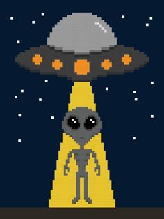 an alien is standing in front of a black background with stars and a yellow triangle