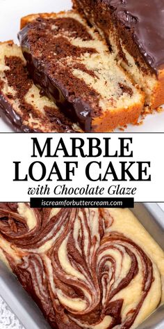 marble loaf cake with chocolate glaze on top and in the middle, sliced into squares