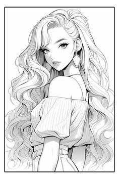 a black and white drawing of a girl with long blonde hair, wearing a dress