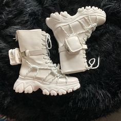 Cute White Boots, Good For Festivals, Unworn Dolls Kill Boots. I Don’t Have The Tags But The Size Sticker And The Cardboard Support Is Still In The Boots. Spring Platform Boots With Laces And Round Toe, Spring Platform Boots With Round Toe And Laces, White High Heel Boots For Streetwear, White Platform Boots With Laces, Trendy White Boots With Laces, Trendy White Closed Toe Platform Boots, White Lace-up Platform Boots For Spring, Trendy White Lace-up Boots For Streetwear, White Laced Boots For Spring