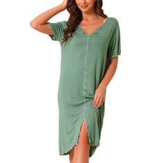 This modal short-sleeved nightshirt decor with contrast ruffled trim, T-shirt dress style, cozy and sweet, offers a sweet lovely, and cozy look, keeping you comfortable all night. Made of soft and stretchy modal fabric, and lovely ruffle decor, this nightgown for women is soft, lightweight, breathable, and comfortable to wear. This short-sleeved nightgown is v-neck and mid-calf length, makes you more charming, and helps to create a cozy refined look. It can also be a perfect gift for ladies as l One Piece Clothing, Modal Fabric, Nightgowns For Women, One Piece Pajamas, Shirt Dress Style, Short Sleeve Pullover, Sleep Shirt, Night Shirt, Womens Clothing Sizes