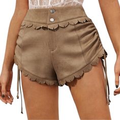 Taupe Suede Scalloped Shorts New M Dolphin Gathered Native American Pocahontas Side Ruching Tie Vegan Suede; New Without Tags Boho Bohemian Romantic Prairie Hippie Cottage Cottagecore Casual Old-Fashioned Countryside Folk Country Folksy Fairy Fairycore Country Western Cowgirl Cowboy Desert Old Wild West Taupe Tan Brown Neutral Summer Spring Fall Autumn Brown Bottoms For Spring Festival, Brown Bottoms For Festival, Beige High-waisted Shorts For Fall, Scalloped Shorts, Cowgirl Cowboy, Western Cowgirls, Western Cowgirl, Country Western, Wild West