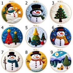 twelve hand embroidered christmas ornaments with snowmen and trees