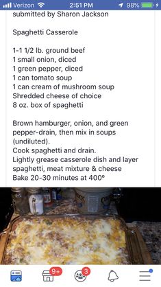 the recipe for spaghetti casserole is displayed on an iphone