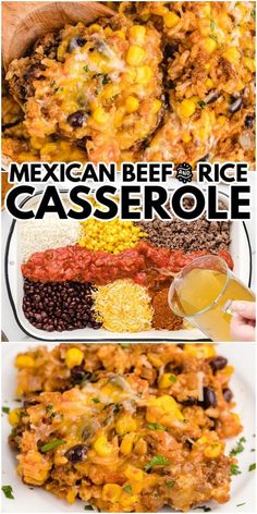 mexican beef and rice casserole is shown on a white plate with the title above it