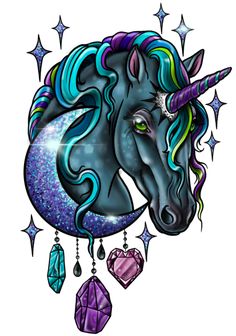 a drawing of a unicorn's head with blue hair and purple manes, surrounded by stars