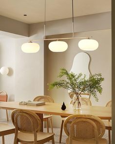 a dining room table with chairs and a potted plant in the center on top of it