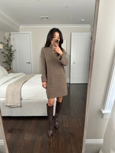 petite friendly sweater dress // taupe sweater dress + brown knee high boots outfit inspo Brown Knee High Boots Outfit, Lawyer Outfits Women, Sweater Dress Brown, Professional Wardrobe Essentials, Attorney Outfit, Holiday Family Photos, All Black Suit, Knee High Boots Outfit