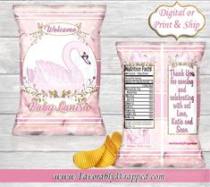 two bags of chips next to each other on a wooden surface with a pink swan design