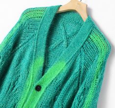 Green Gradient Knit Cardigan | J-Hope - BTS Green One Size Green Cable Knit Cardigan For Layering, Green Open Knit Cardigan, Green Open Knit Outerwear For Layering, Hooded Knit Cardigan, Hope Bts, Fashion Chingu, Green Gradient, Twist Pattern, Zip Cardigan