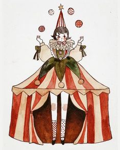 a drawing of a woman sitting on top of a circus tent