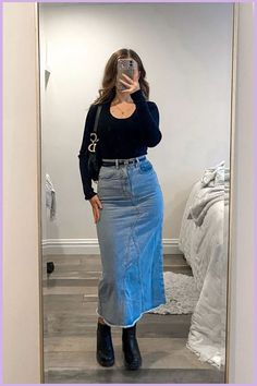 Denim Skirts With Boots, Denim Skirt Business Casual, Denim Maxi Skirt With Boots, Fall Outfits With Jean Skirt, Skirt Jeans Outfit Winter, How To Style Long Denim Skirts, Maxi Skirt Outfit Jean, Sweater Jean Skirt Outfit, Jean Skirt Midi Outfits