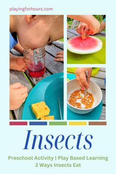 What are the different ways insects eat and how do you teach that to a preschooler? Easy - by having them eat that way too! This preschool insect activity explores the main 3 ways that insects eat - using a proboscis, sponge, or jaws. Insect activities for preschoolers can be play based learning and this is one of those. Check it out today.   Preschool learning at home | Simple science experiments for preschoolers | Early learning preschool | Preschool insect Pre K Insect Activities, Insect Science Experiments Preschool, Preschool Insects Activities, Experiments For Preschoolers, Insect Activity, Simple Science Experiments, Preschool Alphabet Printables, Apple Alphabet