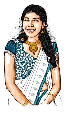 a drawing of a woman wearing a blue and white sari