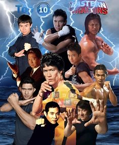 an image of many different characters in the same movie character collaged together with lightning behind them