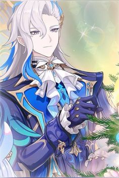 an anime character with long white hair and blue outfit holding a christmas tree in her hand