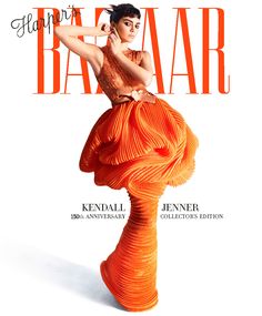 a woman in an orange dress on the cover of harper harper magazine