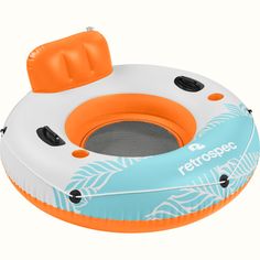 an inflatable raft is shown with the seat on it's back end