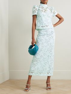 Zimmermann's 'Natura' skirt is made from guipure lace patterned with intricate floral motifs. It's cut in a timeless column silhouette and comes in a pretty mint shade. Style yours with the matching top and point-toe heels. October Challenge, Net Skirt, Luxury Resort Wear, Lace Midi Skirt, Lace Set, Guipure Lace, Summer 24, Modern Wardrobe, Lace Midi