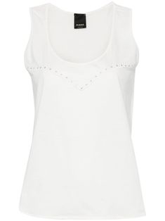 white cotton soft jersey metal eyelet detailing round neck sleeveless curved hem Elegant Crew Neck Tank Top For Summer, Elegant Cotton Scoop Neck Tops, Casual Cotton Top With Eyelet Details, Casual Cotton Eyelet Top, Elegant Cotton Eyelet Tops, Elegant Everyday Cotton Tank Top, Elegant White Cotton Tank Top, White Sleeveless Top With Eyelet Details, White Sleeveless Eyelet Top