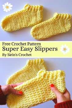 crochet pattern for slippers with text overlay that says free crochet pattern super easy slippers