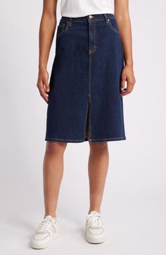 Contrast topstitching accentuates the classic pencil silhouette of this dark-wash denim skirt. Zip fly with button closure Five-pocket style Unlined 99% cotton, 1% spandex Machine wash, tumble dry Imported Classic Mid-rise Denim Blue Denim Skirt, Classic Mid-rise Denim Blue Skirt, Classic Dark Wash Cotton Denim Skirt, Dark Wash Cotton Knee-length Denim Skirt, Classic Denim Blue Denim Skirt, Dark Wash Denim Pencil Skirt With Pockets, Dark Wash Cotton Denim Skirt Knee-length, Classic High Rise Dark Wash Denim Skirt, Knee-length Dark Wash Cotton Denim Skirt