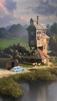 a painting of a house with a car parked in front of it on the shore