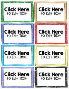 four different colored labels with the words click here to edit text