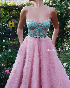 Teuta Matoshi Gown, Embroidered Crystals, Teuta Matoshi Dresses, Matoshi Dress, Teuta Matoshi, Embroidered Corset, Turquoise Dress, Turquoise Flowers, A Line Gown